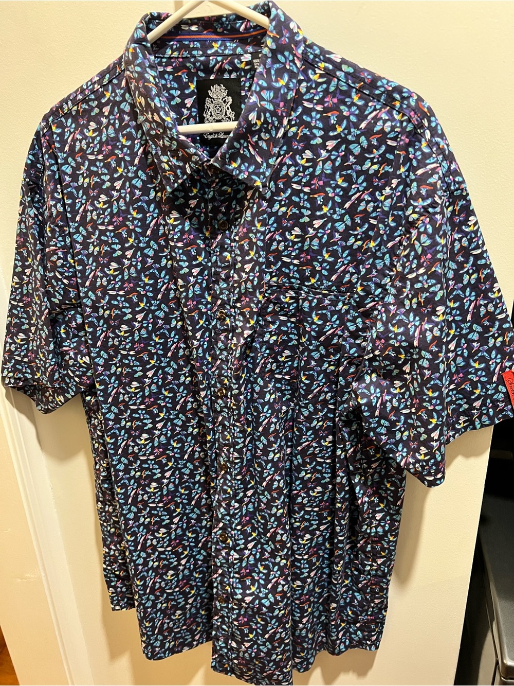 English Laundry Navy Short-Sleeve Button-Down with Multicolor Leaf Print